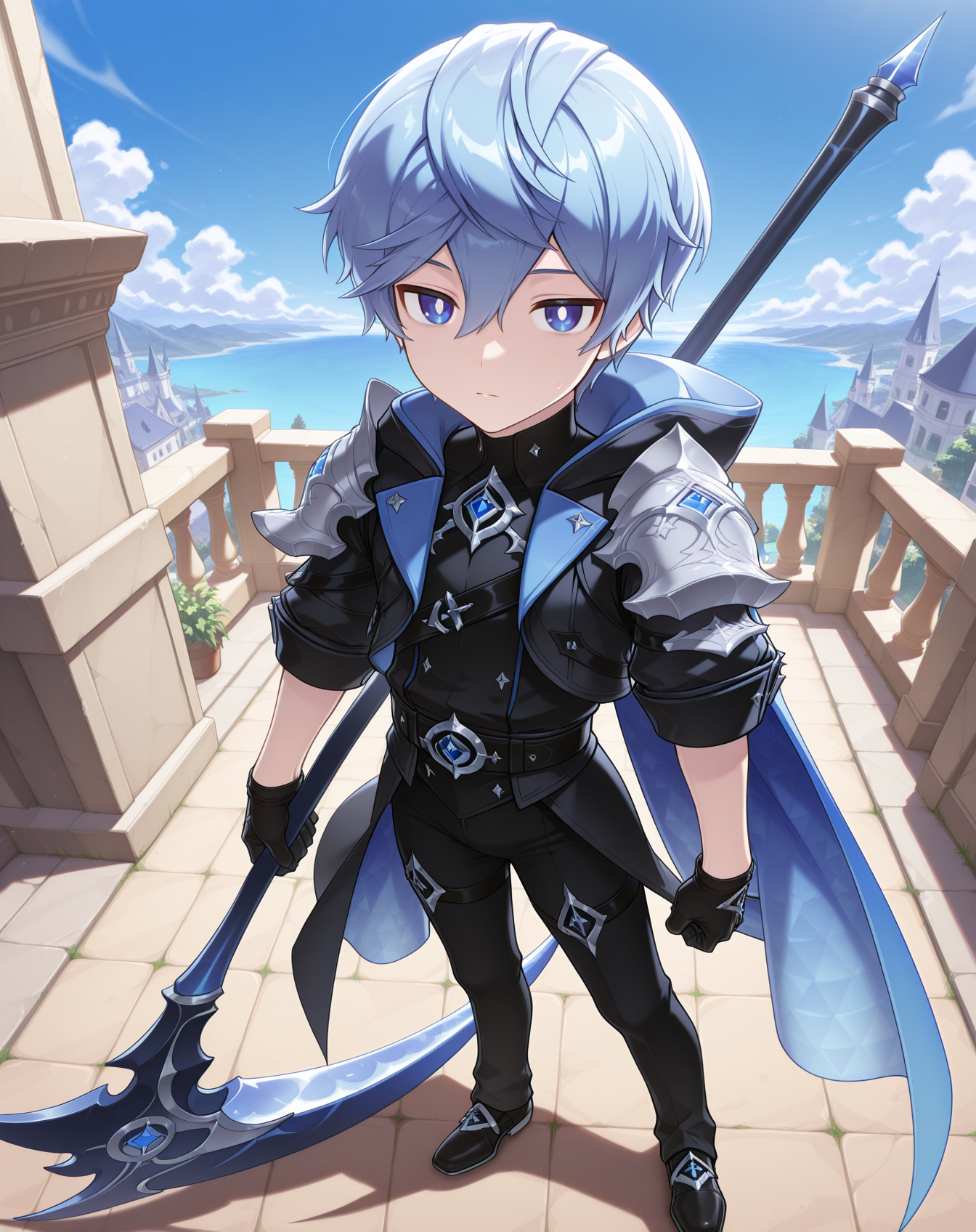 masterpiece, amazing quality, best quality, absurdres, very aesthetic,
1boy, solo, yaoi, male focus, full body, from above, standing, looking at viewer, face focus,
<lora:Noah_Liberator_ilxl:1>   noahlb, blue eyes, blue hair, hair between eyes, short hair, white pupils,
black gloves, shoulder armor, black pants, blue cape, pauldrons, hood down, belt, sleeves rolled up, black jacket, black footwear, shoes,
scythe, holding weapon, holding scythe,
outdoors, day, blue sky,