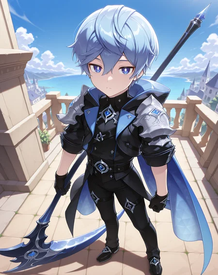 masterpiece, amazing quality, best quality, absurdres, very aesthetic,
1boy, solo, yaoi, male focus, full body, from above, standing, looking at viewer, face focus,
<lora:Noah_Liberator_ilxl:1> noahlb, blue eyes, blue hair, hair between eyes, short hair, white pupils,
black gloves, shoulder armor, black pants, blue cape, pauldrons, hood down, belt, sleeves rolled up, black jacket, black footwear, shoes,
scythe, holding weapon, holding scythe,
outdoors, day, blue sky,