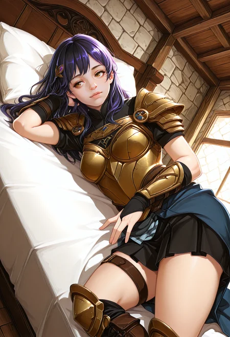 very awa, flat_colors, anime_coloring, anime_style, [sei shoujo], [yoshiten], style parody, [bang dream!], [arcane: league of legends], [league of legends], (dynamic angle:1.3), (cowboy shot:1.2) BREAK 1girl, solo, <lora:GenasiEarth:0.8> GenasiEarth, marble skin, <lora:SoulGemmed:0.7> gem, pastel orange stone inclusions, (indigo gems hair:1.2), (crystal hair:1.2), brown eyes, (light grey skin:1.2), thicc body, medium breasts, perfect hands, moist lips, (playful), BREAK paladin, wearing (detailed gold plate armor top), armbelts,, dark yellow accents, holy symbol, cincture, kilt skirt, thigh straps,work boots,, <lora:Advanced_Class_Collection_-_Sword_Saint:0.5> BREAK medieval, fantasy, indoors, provincial house, (brown stone walls), wood floors, bed room, baseboards,wardrobe, lying, on side, hand in own hair, hair flip, legs apart, on bed, bed, pillows, blanket, warm light, cinematic lighting BREAK <lora:Expression_Detailer_Illustrious_Lora:0.7> <lora:DarkerThanDarkIllustriousV1:0.5> <lora:Relatively_Default_V1_Illu_Edition:0.6> RD-Illu