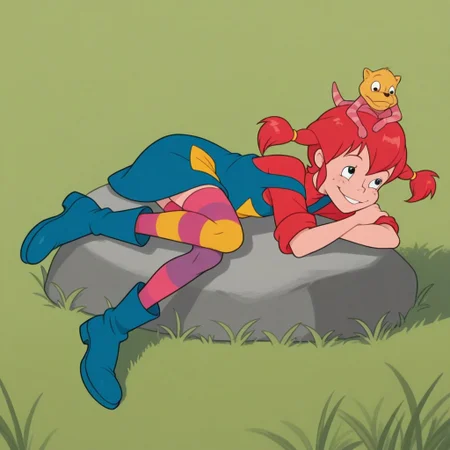 Pippi, 1girl, redhead, high pigtails with rubber bands, freckled face, short blue dress, yellow pocket on the dress, red t-shirt, long stockings of different colors and patterns, one stocking with yellow and pink stripes, another purple stocking with a yellow patch on the knee, big blue boots
Pippi lying on the grass with her head resting on a rock. Asleep with her arms and legs crossed while she smiles.