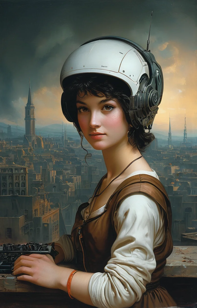 masterpiece,best quality,<lora:tbh152-sdxl:0.8>,illustration,style of Élisabeth Vigée-Lebrun cyberpunk city
