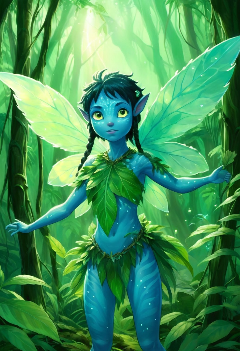 Studio Ghibli Style anime painting of a young female Avatar navi alien with blue skin, wearing leaf and bark armor, dressed up as a fairy with large translucent leaf wings in a bioluminescent jungle