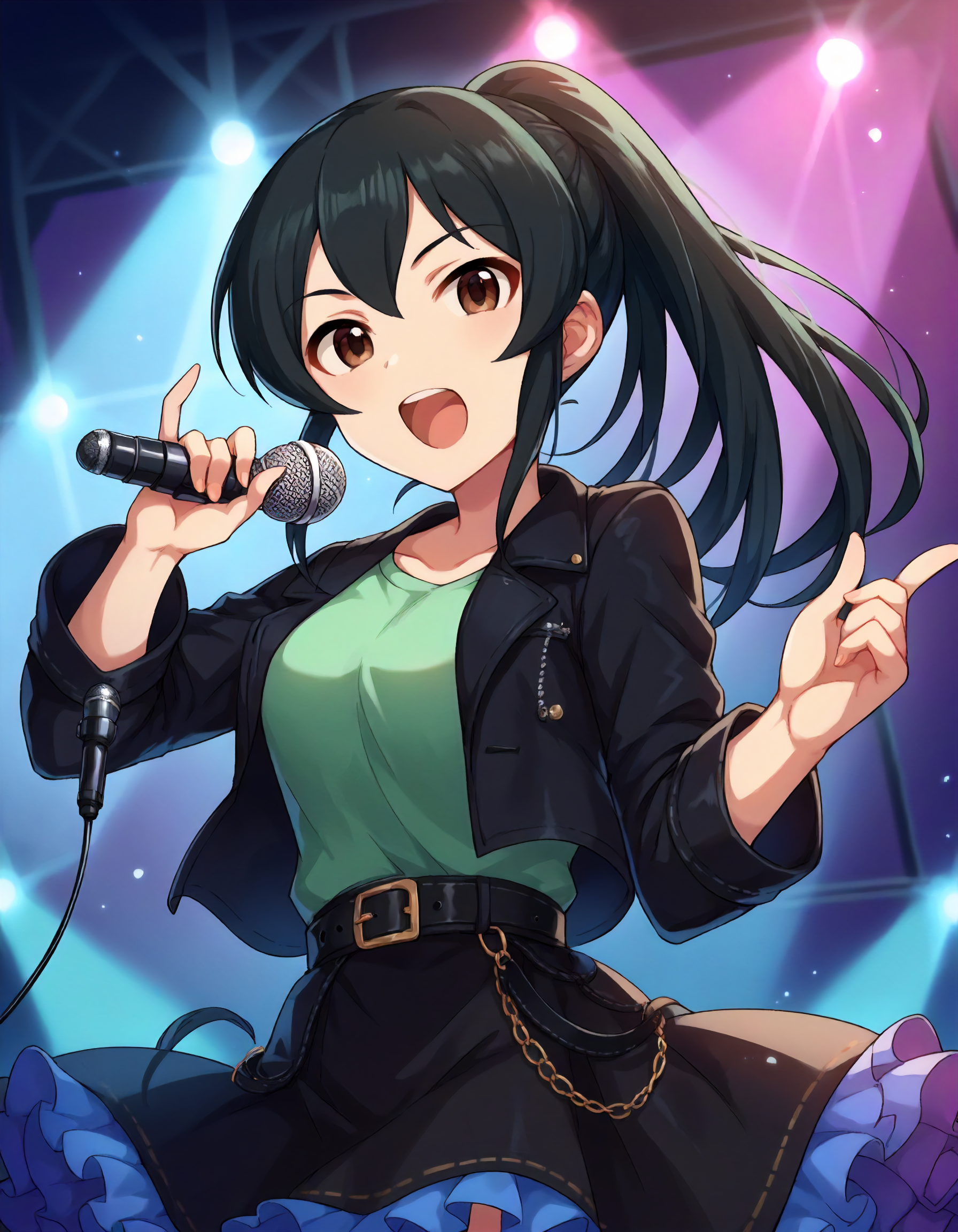 score_9,score_8_up,score_7_up,1girl,solo,cowboy shot,looking at viewer,open mouth,singing,holding microphone,stage lights,
<lora:ooishiizumi_ponyXLV6:0.8>,cgoi,
black hair,long hair,ponytail,brown eyes,
green T-shirt,black jacket,long sleeves,belt,frilled black skirt