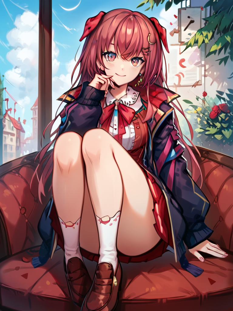 <lora:Amagase MuyuPDXL_v1:1>Amagase MuyuPDXL, 1girl, solo, virtual youtuber, skirt, smile, crescent hair ornament, jacket, shoes, hair ornament, looking at viewer, socks, crescent, straight-on, <lora:princess_xl_v2:0.8><lora:g0th1cPXL:0.3> g0th1cpxl<lora:Expressive_H:0.8> ExpressiveH<lora:NAI Smooth Boys Style SDXL_LoRA_20r_20e_8i_nr32_a16_Pony Diffusion V6 XL:0.8> score_9, score_8_up, score_7_up,