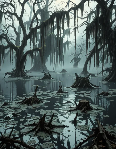 A dark and eerie swamp shrouded in thick mist, with twisted, gnarled trees rising from the murky water. Their bare branches reach out like skeletal fingers, draped in long, hanging moss. The water is still, reflecting the dim, overcast sky, with occasional ripples hinting at unseen movements beneath the surface. In the distance, decaying wooden structures, possibly remnants of an abandoned cabin or pier, are partially submerged and covered in moss. The air feels heavy and damp, filled with an eerie silence except for the occasional distant croak of a frog or the rustling of unseen creatures. Faint, ghostly lights hover above the water, casting an unnatural glow. The atmosphere is ominous and foreboding, evoking a sense of mystery and unease.
<lora:SDXLFaeTastic2400:0.4> <lora:extremely_detailed:0.4> extremely detailed, <lora:0m1n0us_sw4mp_ill:1>,0m1n0us sw4mp, Masterpiece,best quality,hi res,8k,hi res,8k,award winning,(sharp focus, intricate, highly detailed),