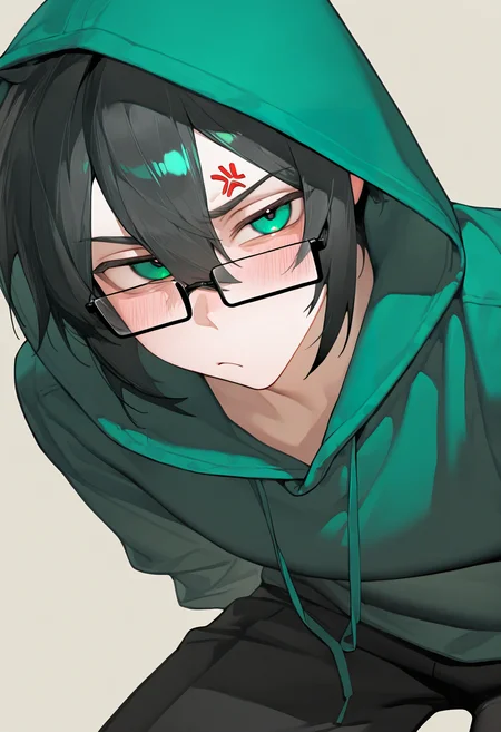 <lora:eatsleep111SDXL:0.75>, best quality, masterpiece, eatsleep1111, vedal987, black hair, short hair, rectangular eyewear, green eyes, solo, male focus, 1boy, green hoodie, green hood, black pants, annoyed, anger vein, blush, hood up, <lora:NeuroEvilVedalSDXLNoobAI10:1>
