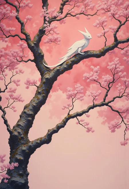 Studio Ghibli Dark Fairytale, A single, white origami snake perched on a branch of a Sakura, golden tree. Surreal and minimalist. Dark Art, oriental art, ultra high res, pink atmosphere