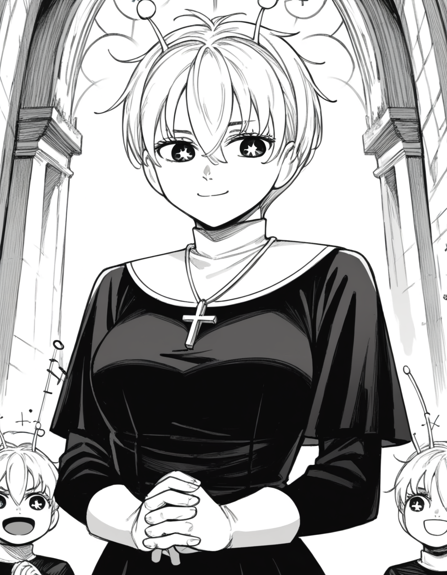score_9, score_8_up, score_7_up, source_anime, <lora:vamola-manga-ponyxl-lora-nochekaiser:1>, vamola, short hair, bangs, hair between eyes, symbol-shaped pupils, antennae, star-shaped pupils, monochrome, greyscale, medium breasts,, <lora:traditional-nun-ponyxl-lora-nochekaiser:1>, traditional nun, nun, habit, long sleeves, dress, black dress, jewelry, black veil, cross, cross necklace,, church, smug, praying,, , dutch angle, cowboy shot