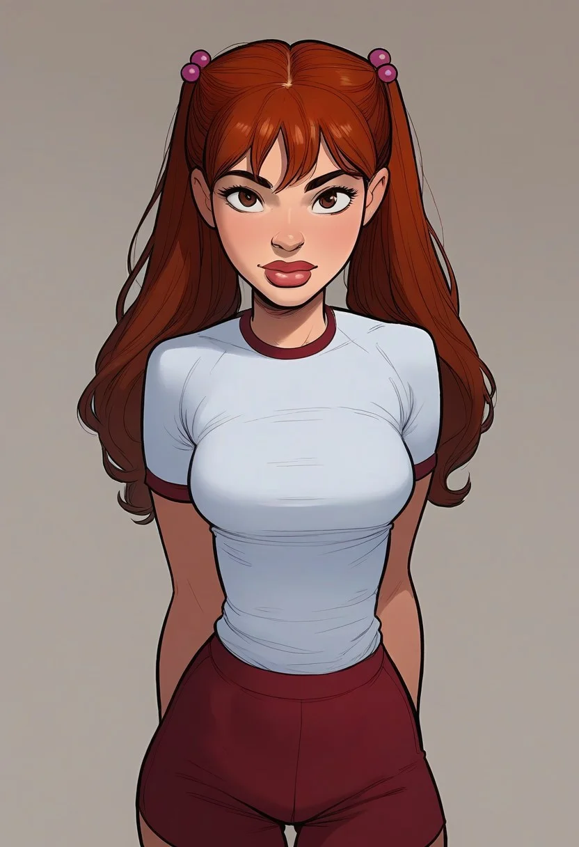 masterpiece,best quality, highly detailed, score_9, score_8_up, score_7_up, score_6_up,source_cartoon, red hair, thick lips, 1girl, long hair, hair bobbles, twintails, brown eyes, 20yo, gym background, sexy expression, looking at viewer, gym clothes, red shorts, white t-shirt, full body shot