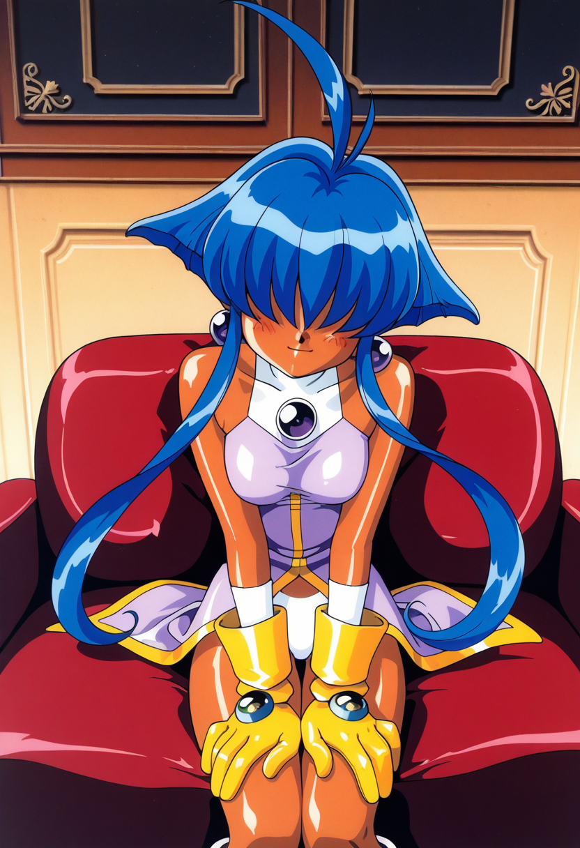 cacao, long_bangs, hair over eyes, long hair, short hair with long locks, blue hair, sidelocks, dark-skinned female, ahoge, dark skin, thigh gap, medium breasts,
earrings, jewelry, light_purple_dress, white _bikini_bottom, yellow gloves, boots,
1990s (style), retro artstyle,
 <lora:cacao_Illustrious-XL_2.0_v1:1>, masterpiece,best quality,amazing quality,1girl, solo, sitting, (dynamic_pose),
 blush,closed mouth,light smile, 
looking at viewer,cowboy shot,
(indoors, )