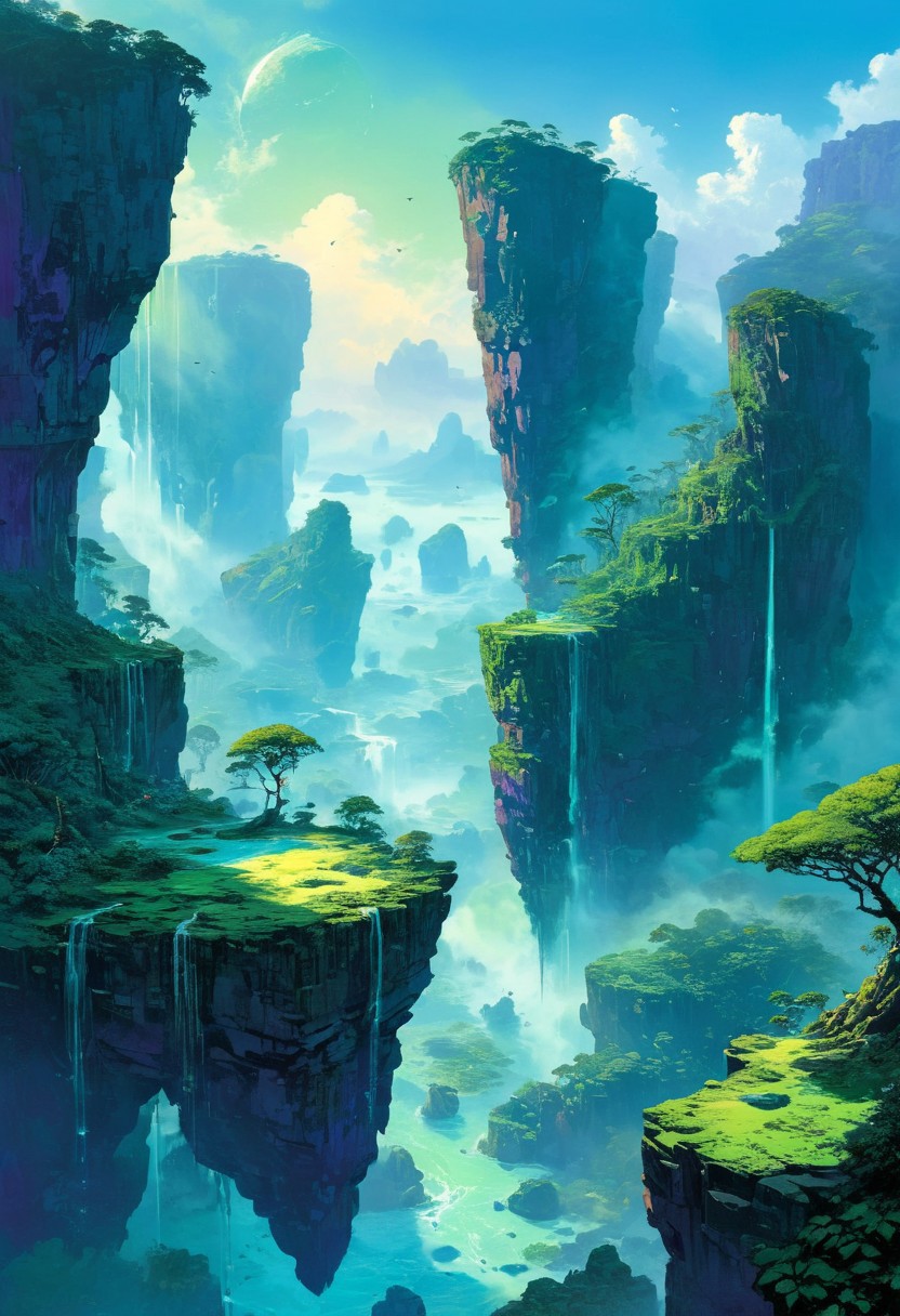 Artwork, cyberpunk, anime, A fantastical depiction of levitating islands inspired by the movie Avatar. The islands are lush and vibrant, covered with dense green foliage, exotic glowing plants, and cascading waterfalls that flow into the air below. The floating landmasses are surrounded by mist and soft sunlight, creating a mystical and ethereal atmosphere. In the sky, colorful flying creatures and floating rocks can be seen, adding to the otherworldly vibe. The scene is bathed in a magical blend of blues, purples, and greens, evoking a sense of wonder and awe.,, frazetta style