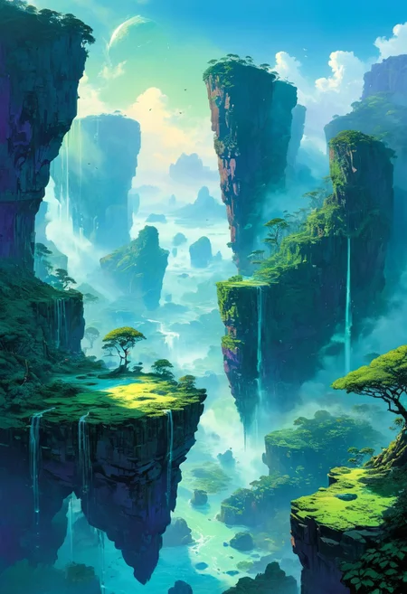 Artwork, cyberpunk, anime, A fantastical depiction of levitating islands inspired by the movie Avatar. The islands are lush and vibrant, covered with dense green foliage, exotic glowing plants, and cascading waterfalls that flow into the air below. The floating landmasses are surrounded by mist and soft sunlight, creating a mystical and ethereal atmosphere. In the sky, colorful flying creatures and floating rocks can be seen, adding to the otherworldly vibe. The scene is bathed in a magical blend of blues, purples, and greens, evoking a sense of wonder and awe.,, frazetta style