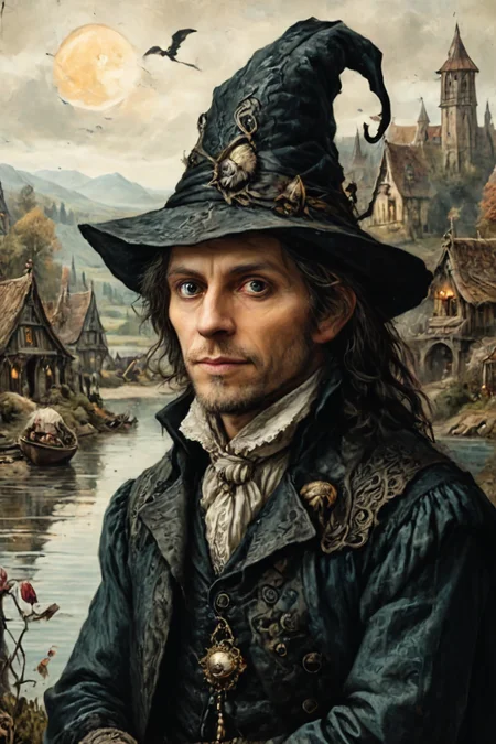Detailed digital portrait of a Victorian warlock with dark, mysterious demeanor at a Tranquil lakeside village with fishers, <lora:ParchartXL-1.5:0.7> on parchment, <lora:xl_more_art-full_v1:0.5>, <lora:The_Crazy_Style:0.7>