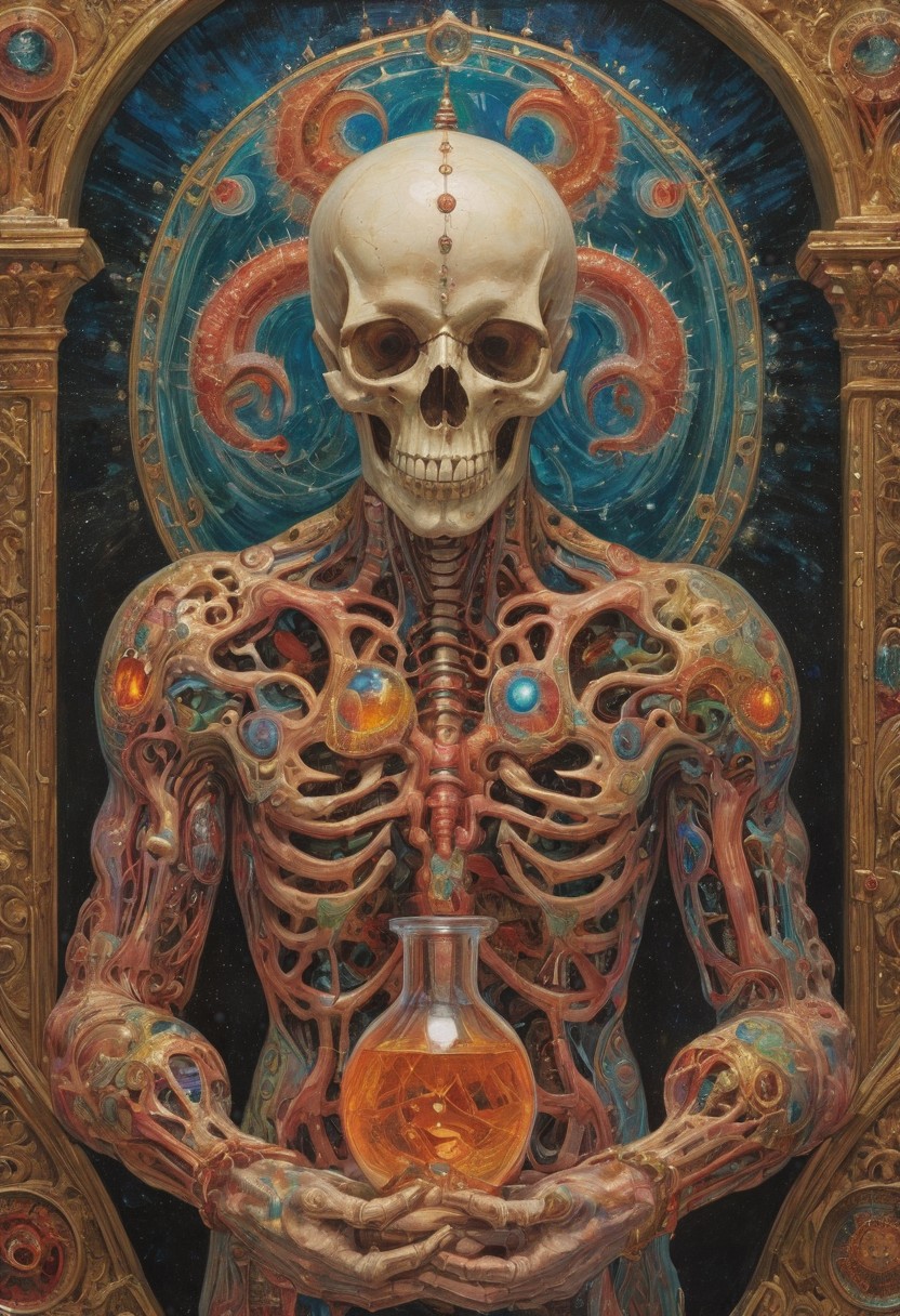 (art by Eduard Wilhelm Pose and Master of the Holy Blood and Ivan Bilibin:1.1), symmetry and balance, detailed, FastNegativeV2, ral-dissolve,Completely (James Ensor,Unica Zurn,Zdzislaw Beksinki:1.25), Paranormal, Apparition, intricate, oil on canvas, (surrealism:1.1), detailed, FastNegativeV2, amazing quality, masterpiece, best quality, hyper detailed, ultra detailed, UHD, perfect anatomy, (Award winning, masterpiece), alchemist, glass vial, flasks, vibrant colors, iridescent