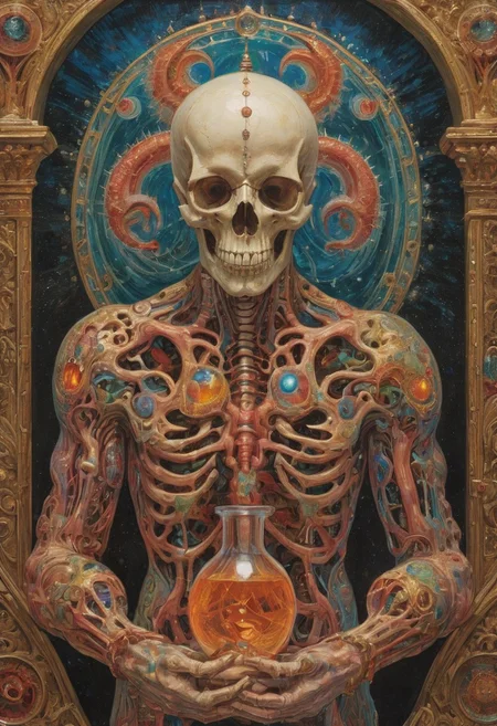 (art by Eduard Wilhelm Pose and Master of the Holy Blood and Ivan Bilibin:1.1), symmetry and balance, detailed, FastNegativeV2, ral-dissolve,Completely (James Ensor,Unica Zurn,Zdzislaw Beksinki:1.25), Paranormal, Apparition, intricate, oil on canvas, (surrealism:1.1), detailed, FastNegativeV2, amazing quality, masterpiece, best quality, hyper detailed, ultra detailed, UHD, perfect anatomy, (Award winning, masterpiece), alchemist, glass vial, flasks, vibrant colors, iridescent