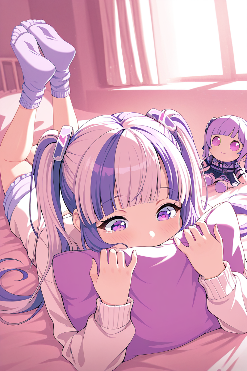 masterpiece, best quality, amazing quality,
 <lora:PAREO_IL:1> pareo, on stomach, 1girl, character doll, twintails, socks, multicolored hair, lying, object hug, purple eyes, pillow hug, bangs, hair ornament, pillow, solo, purple hair, on bed, feet up