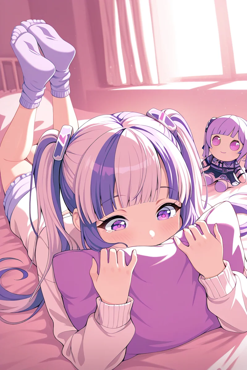 masterpiece, best quality, amazing quality,
<lora:PAREO_IL:1> pareo, on stomach, 1girl, character doll, twintails, socks, multicolored hair, lying, object hug, purple eyes, pillow hug, bangs, hair ornament, pillow, solo, purple hair, on bed, feet up