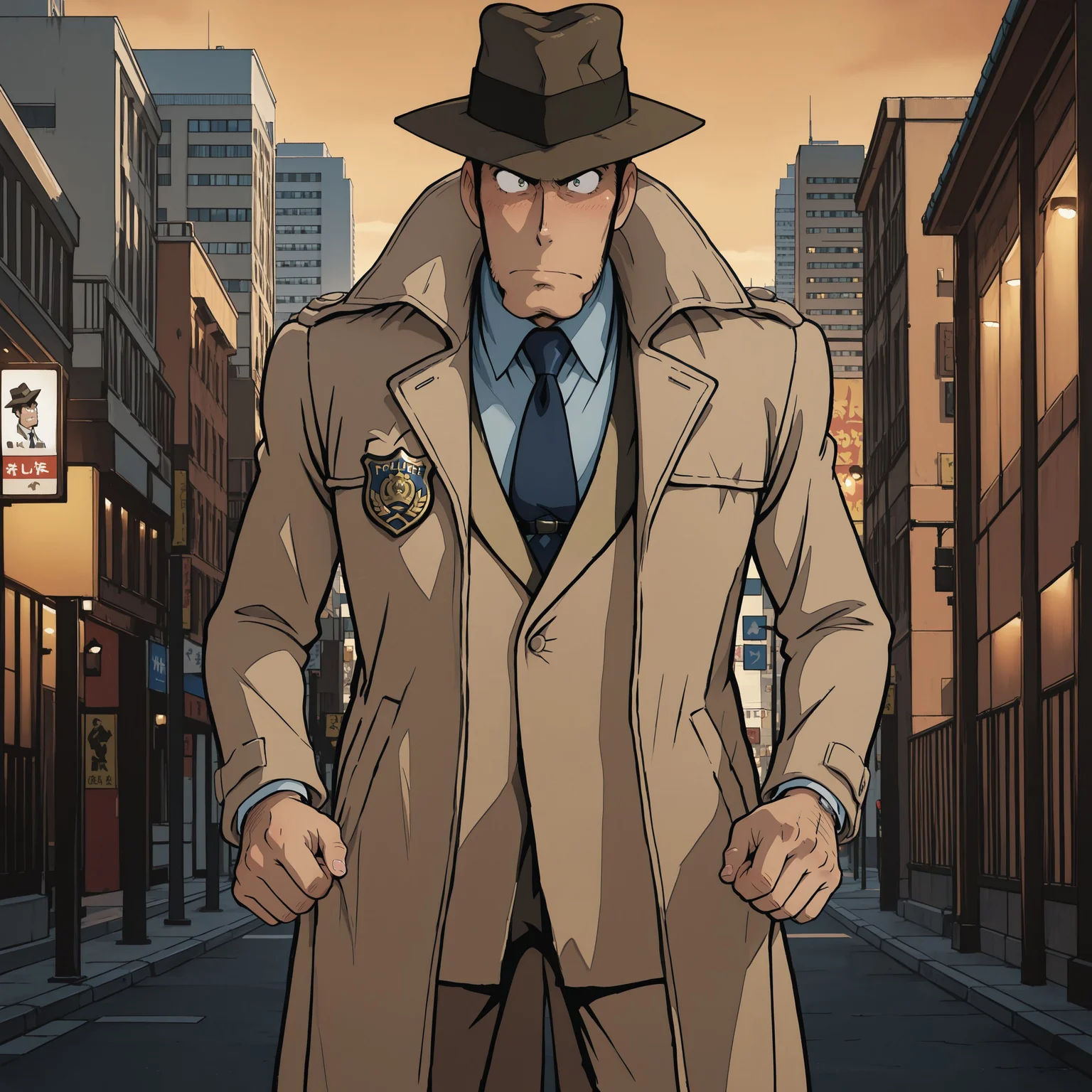 (masterpiece), best quality, amazing quality, solo, KZenigata, intense expression, trenchcoat, necktie, fedora hat, standing confidently, police badge visible, dramatic lighting, background of a city skyline at dusk, anime style
