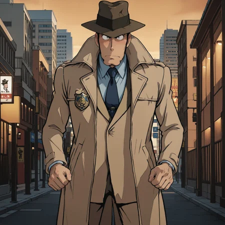 (masterpiece), best quality, amazing quality, solo, KZenigata, intense expression, trenchcoat, necktie, fedora hat, standing confidently, police badge visible, dramatic lighting, background of a city skyline at dusk, anime style