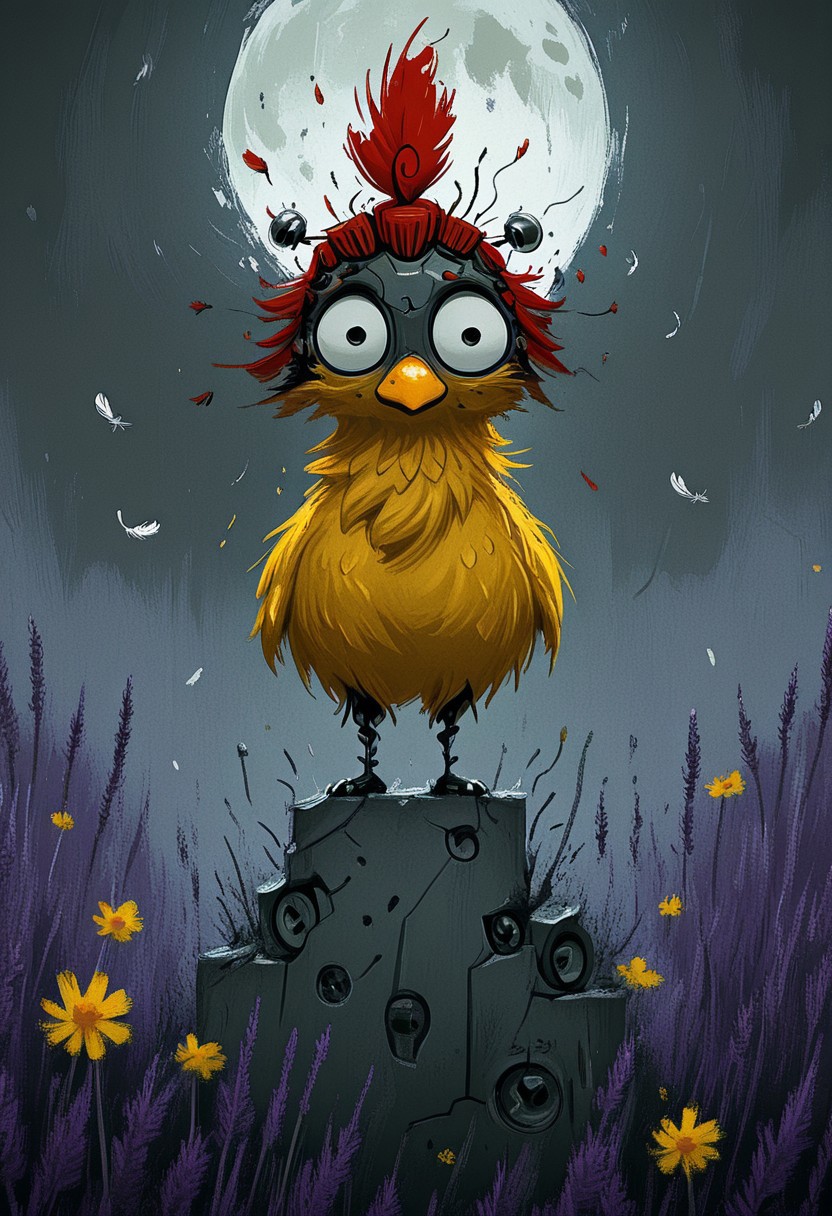 1chicken, yellow bill, red comb, cyber warrior japan, cybernetic samurai , catana, sword, sitting on one knee, feathers, robot joints, wild, disheveled feathers, enormous expressive eyes, standing among purple lavender and yellow daisies, digital painting with textured brushstrokes, mechanical parts, full moon , city background, dark whimsical, detailed