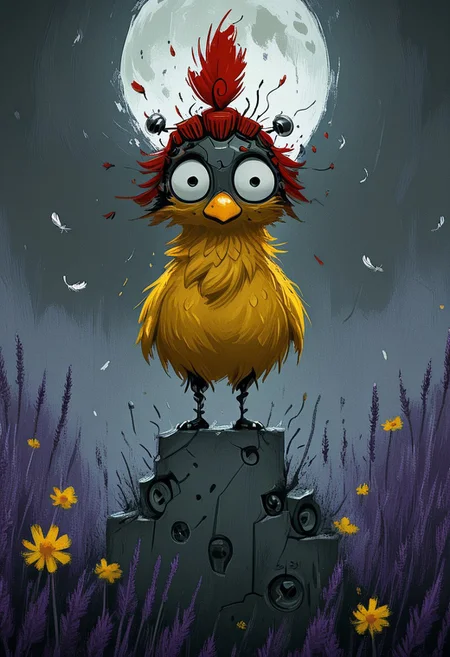 1chicken, yellow bill, red comb, cyber warrior japan, cybernetic samurai , catana, sword, sitting on one knee, feathers, robot joints, wild, disheveled feathers, enormous expressive eyes, standing among purple lavender and yellow daisies, digital painting with textured brushstrokes, mechanical parts, full moon , city background, dark whimsical, detailed