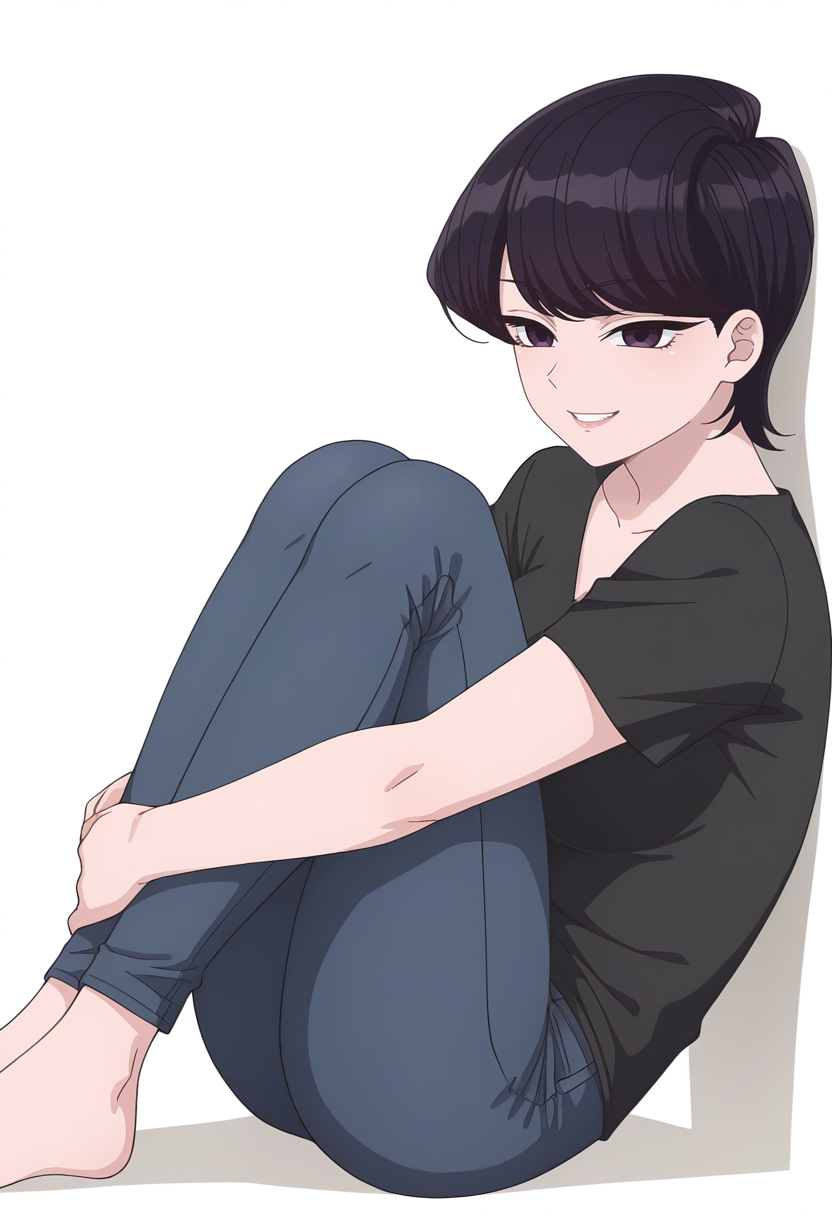 Smooth Quality,masterpiece,very intricate, high quality details, ultra realistic, high detailed skin,detailed enviorement,
simple background, white background, evil grin,
fetal position, 
 <lora:Komi_Shuuko_cnn:0.8> komishuukocnn, 1girl,black hair, short hair, bangs, purple eyes,mature female,shirt, jeans, short sleeves,
