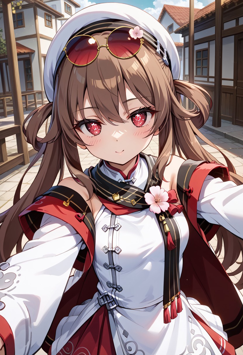 score_9, score_8_up, score_7_up, score_6_up, 8k, highest quality, high detail, masterpiece, best quality, beautiful lighting, (highest quality), genshinstyle, (best shadow), intricate details, ultra-detailed face, detailed eyes, perfect face, detailed eyes, anime, source_anime, (1female, hu tai \(genshin impact\), red eyes, brown hair, long hair, hair between eyes, twintails, sidelocks, flower-shaped pupils, symbol-shaped pupils, official alternate costume, alternate costume, sunglasses, eyewear on head, white headwear, long sleeves, chinese clothes, skirt, hat, jewelry, white shirt, dynamic pose, selfie, looking at viewer,