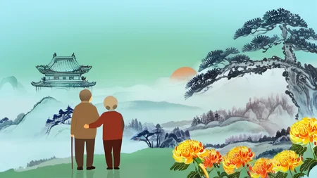ChongYang Photography, an old couple standing under a tree, looking at a samll temple on hilltop in distant, chrysanthemums, best quality, high quality, masterpiece, 8K UHD, highly detailed, ultra detailed <lora:ChongYang_v1.0:0.8>