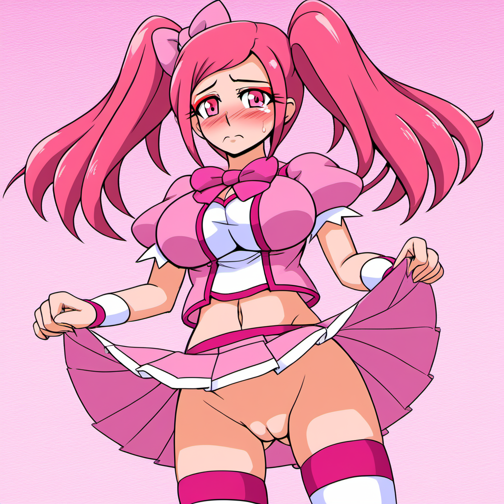 <lora:Mega_W_Style_PonyXL:0.7> by mega w, mega w,  source_anime, source_cartoon,  rating_explicit, detailed background, in the land before time, 1girl, skirt, solo, thighhighs, breasts, pink hair, twintails, pink eyes, bow, blush, large breasts, looking at viewer, pink skirt, pink bow, navel, sweatdrop, makeup, midriff, cleavage, hair bow, long hair, pleated skirt, magical girl, skirt lift, pussy,