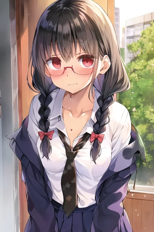 177013, 1girl, school uniform, portrait, black rimmed glasses, black hair, twin braids, sad, closed mouth, open shirt