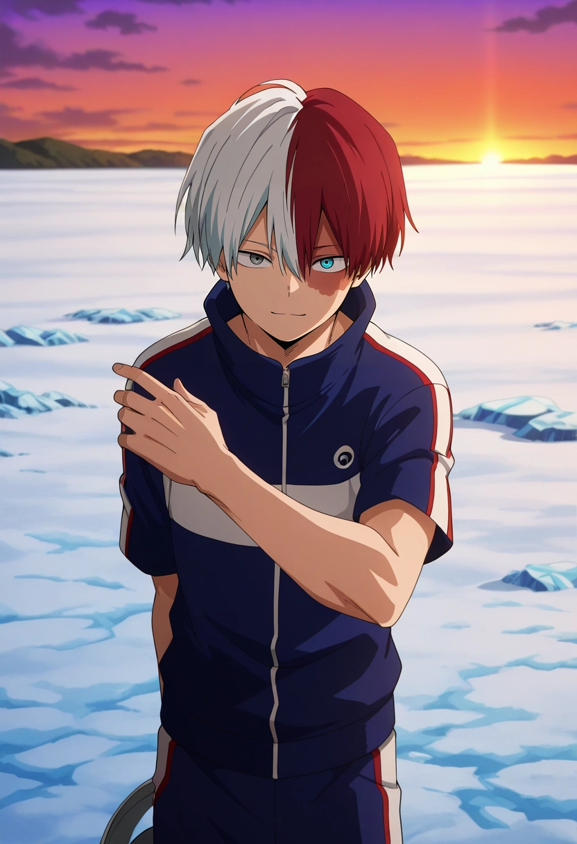 masterpiece, best quality, intricate details, anime screencap, , official style, looking at viewer, , 1boy, solo, male focus, <lora:shouto_todoroki_ilxl:1>, shouto_todoroki, white hair, red hair, grey eyes, blue eyes, heterochromia, short hair, hair between eyes, bangs, multicolored hair, two-tone hair, split-color hair, burn scar, scar on face, asymmetrical, cold, ice, dusk, (pose), happy, gym shorts, bucket hat