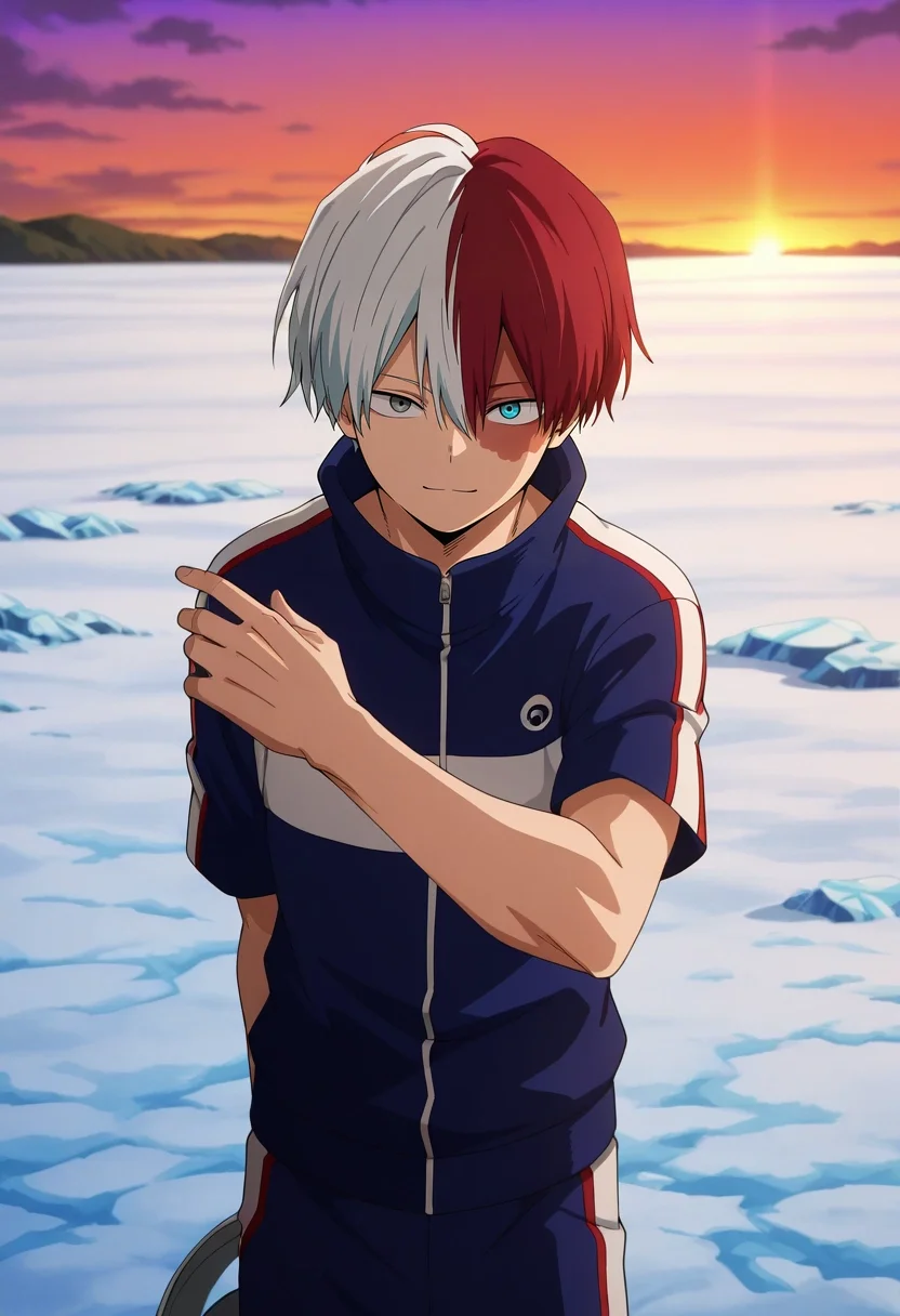 masterpiece, best quality, intricate details, anime screencap, , official style, looking at viewer, , 1boy, solo, male focus, <lora:shouto_todoroki_ilxl:1>, shouto_todoroki, white hair, red hair, grey eyes, blue eyes, heterochromia, short hair, hair between eyes, bangs, multicolored hair, two-tone hair, split-color hair, burn scar, scar on face, asymmetrical, cold, ice, dusk, (pose), happy, gym shorts, bucket hat