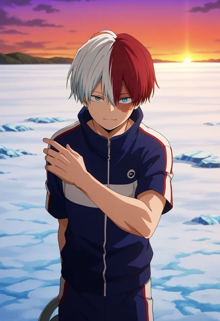 masterpiece, best quality, intricate details, anime screencap, , official style, looking at viewer, , 1boy, solo, male focus, <lora:shouto_todoroki_ilxl:1>, shouto_todoroki, white hair, red hair, grey eyes, blue eyes, heterochromia, short hair, hair between eyes, bangs, multicolored hair, two-tone hair, split-color hair, burn scar, scar on face, asymmetrical, cold, ice, dusk, (pose), happy, gym shorts, bucket hat
