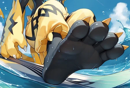 <lora:SlimesZeraora:1>, score_9, score_8_up, score_7_up, slimes_zeraora, solo, dark feet, 3 toes, foot focus, feet style, foot style, water, surfing, feet on surfboard, wet on feet, close-up