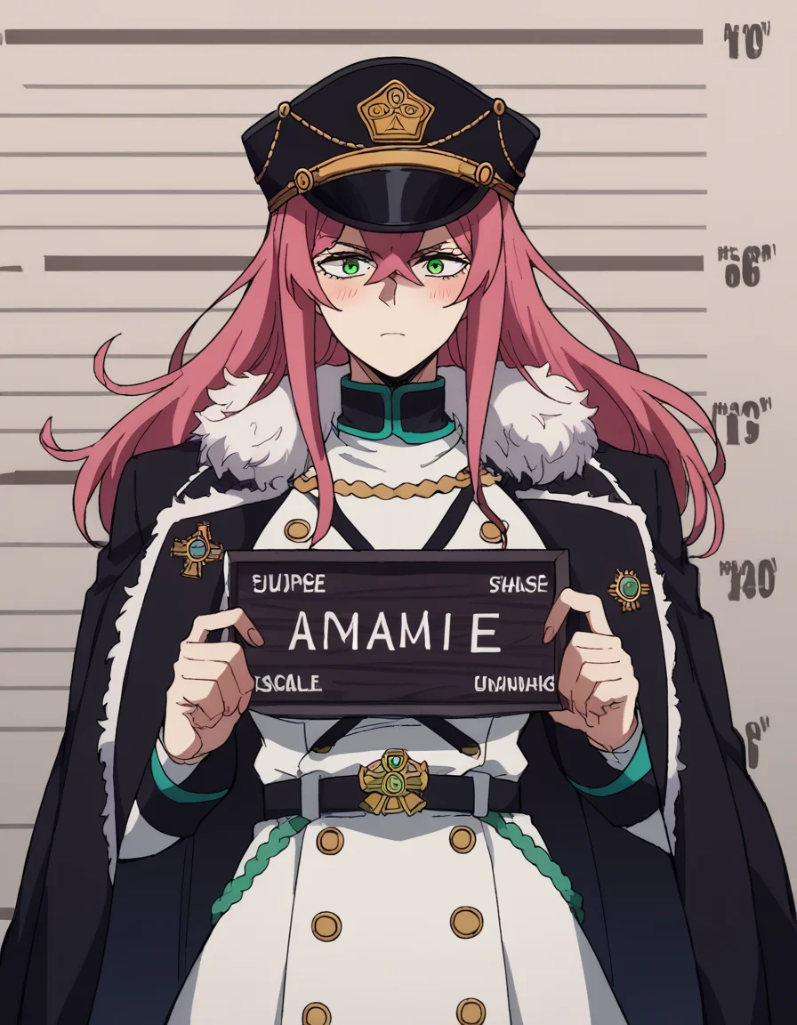 score_9, score_8_up, score_7_up, source_anime, <lora:princia-funnybunny-movie-ponyxl-lora-nochekaiser_r1:1>, princia funnybunny, long hair, green eyes, pink hair, red hair, crossed bangs, sidelocks, hat, jacket, belt, uniform, fur trim, military, military uniform, peaked cap, large breasts,, crosswalk, people, street, white lines, traffic, , <lora:barbie-mugshot-ponyxl-lora-nochekaiser:1> barbie mugshot, barbie mugshot (meme) height mark, holding sign, nameplate, height chart, sign, meme, blush, cowboy shot, looking at viewer, solo,, dutch angle, cowboy shot