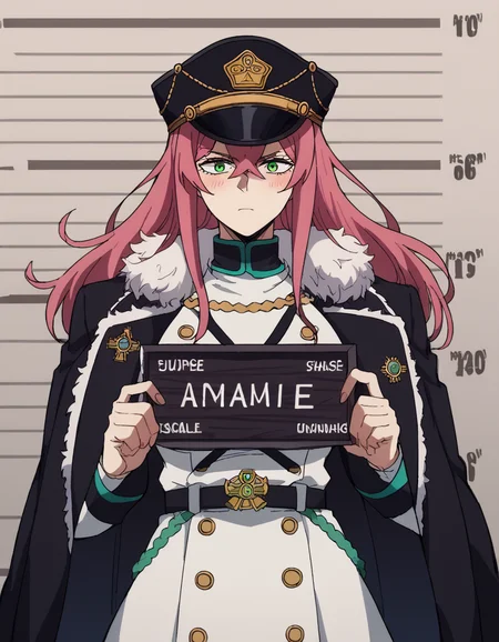 score_9, score_8_up, score_7_up, source_anime, <lora:princia-funnybunny-movie-ponyxl-lora-nochekaiser_r1:1>, princia funnybunny, long hair, green eyes, pink hair, red hair, crossed bangs, sidelocks, hat, jacket, belt, uniform, fur trim, military, military uniform, peaked cap, large breasts,, crosswalk, people, street, white lines, traffic, , <lora:barbie-mugshot-ponyxl-lora-nochekaiser:1> barbie mugshot, barbie mugshot (meme) height mark, holding sign, nameplate, height chart, sign, meme, blush, cowboy shot, looking at viewer, solo,, dutch angle, cowboy shot