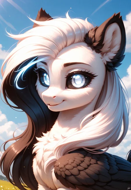 score_9, score_8_up, score_7_up, score_pony, zPDXL3, fluffy, masterpiece, best quality, ultra-detailed, 8K UHD, cinematic lighting, hyper realistic shading, volumetric light, high contrast, HDR, depth of field, intricate textures, finely detailed fur 
BREAK
Albina, 1girl, wild pony, pony, (white fur:1.3), (white hair:1.1), (white long hair:1.1), black sclera, white eye, (glowing white eyes:1.2), (black wings:1.2), (black ears:1.1)
 BREAK 
(masterpiece:1.3), (best quality:1.3), (highly detailed:1.3), (ultra-detailed face:1.4), (sharp expressive eyes:1.3), (perfect anatomy:1.2), (realistic lighting:1.2), (dynamic shadows:1.1), (hyper-detailed fur texture:1.4), (soft lighting:1.3), (Unreal Engine 5 render style:1.3), (cinematic depth of field:1.2), (4k resolution), (beautifully color graded:1.1), (smooth shading), (glowing highlights:1.2), (crispy lineart)