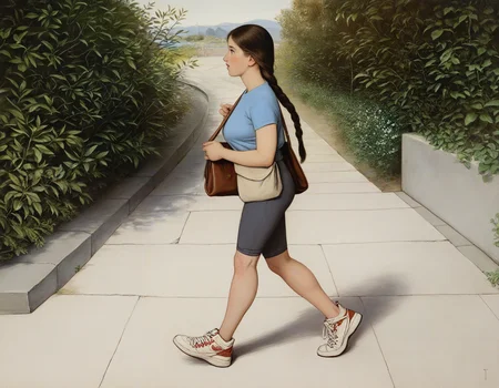 by thoma, 1girl, t-shirt, capri-pants, sneakers, walking, sidewalk, low-braided-long-hair, from-side, messenger-bag, newest, masterpiece, best quality, absurdres, highres, general