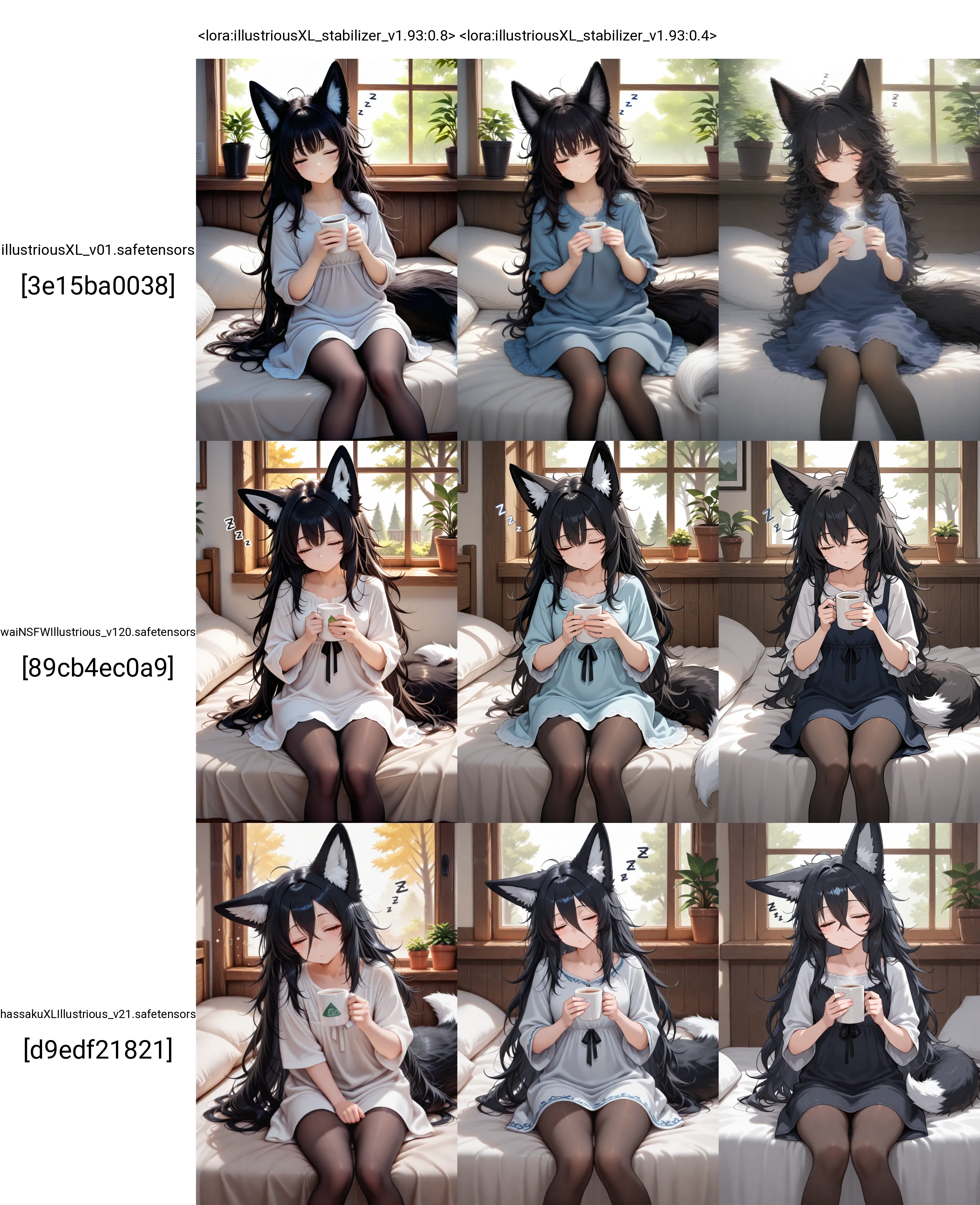 <lora:illustriousXL_stabilizer_v1.93:0.8>1girl,fox ears,black hair,messy hair,sitting,bed,fox tail,feet out of frame,wooden window,potted plant,tree,holding cup,sleepy,zzz,dress,pantyhose,masterpiece,