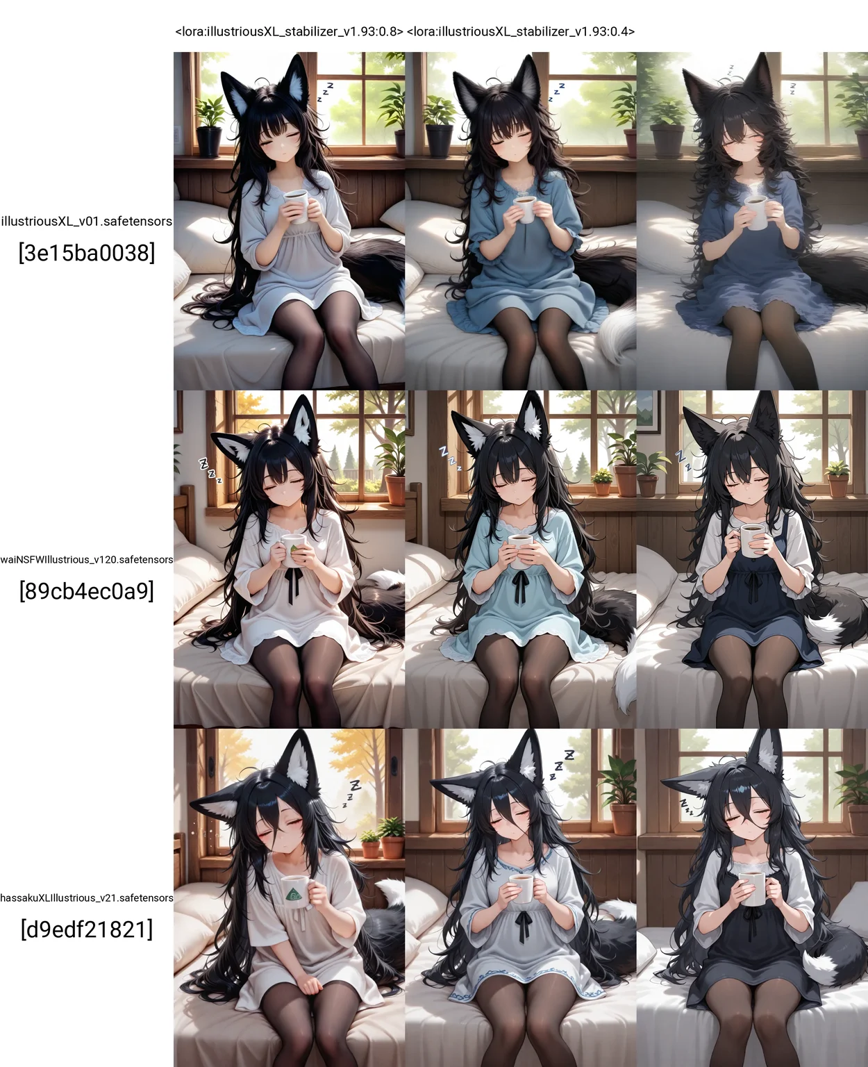 <lora:illustriousXL_stabilizer_v1.93:0.8>1girl,fox ears,black hair,messy hair,sitting,bed,fox tail,feet out of frame,wooden window,potted plant,tree,holding cup,sleepy,zzz,dress,pantyhose,masterpiece,