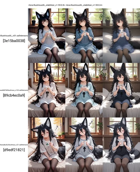 <lora:illustriousXL_stabilizer_v1.93:0.8>1girl,fox ears,black hair,messy hair,sitting,bed,fox tail,feet out of frame,wooden window,potted plant,tree,holding cup,sleepy,zzz,dress,pantyhose,masterpiece,