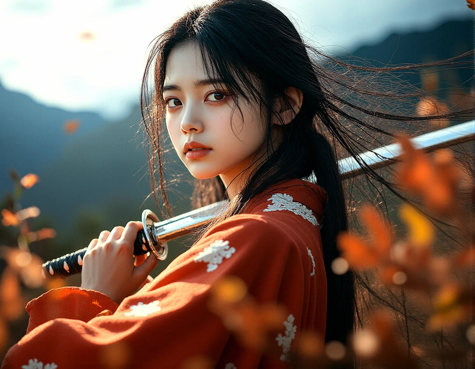 An extreme realism wide shot of a kunoichi, wielding a wakizashi in an autumnal setting inspired by the Edo period. The scene captures the motion of strong winds, swirling leaves, and the dark clouds looming over a rugged mountainous landscape, all reflected in her intense amber eyes.