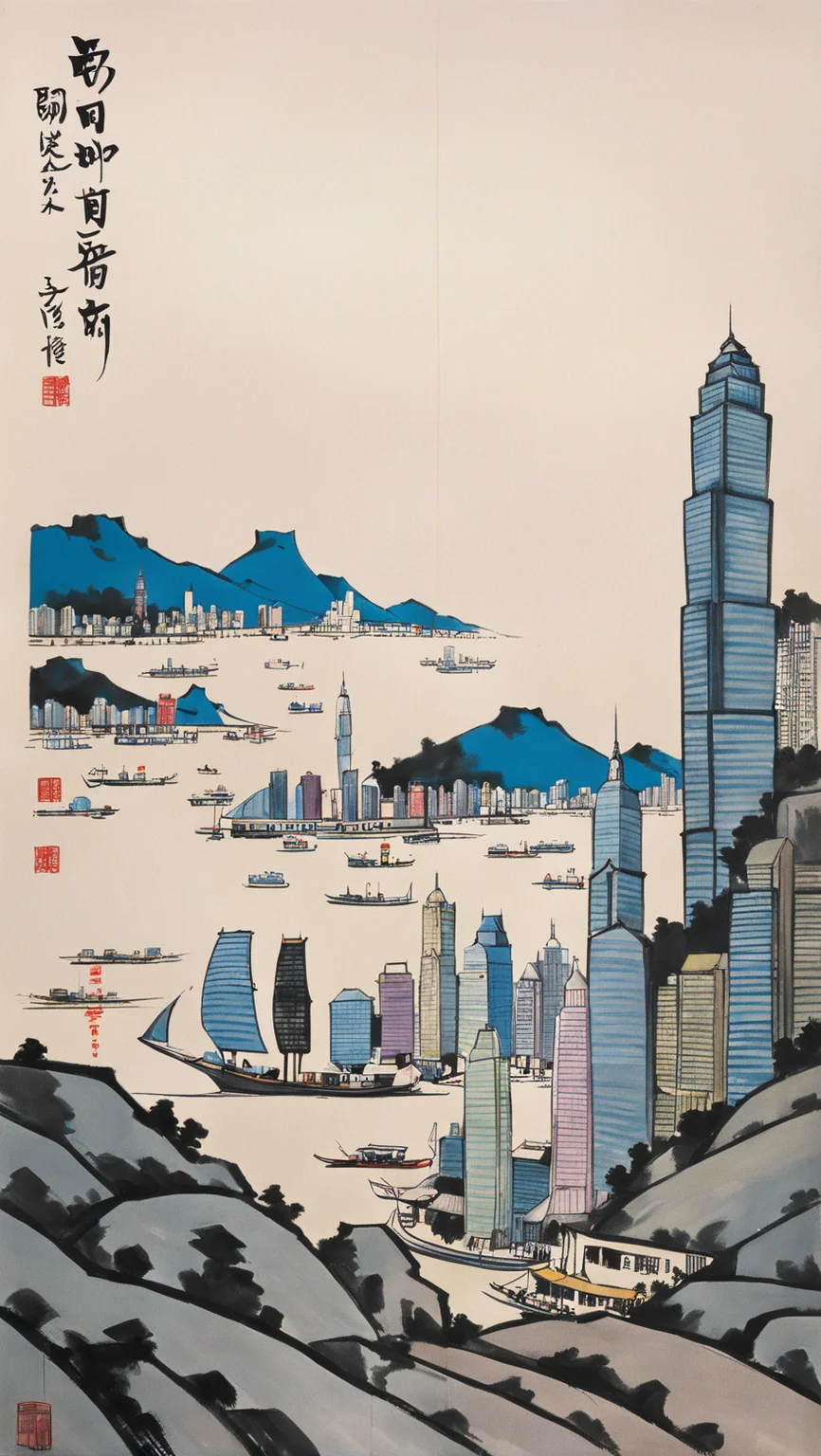 city view of hongkong, bay view, at night, by Feng Zikai <lora:fengzikai_v1.0_XL:1>