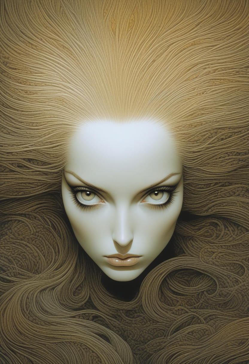 Artwork  by moebius, there is a woman with long hair, naoto hattori, mark brooks and brad kunkle, style of aesthetic, comic book artwork portrait of a young woman 22yo, she has a striking light gray eyes, long eyelashes and well-defined eyebrows, catchlights, portrait masterpiece, perfect beautiful face , (light freckles:0.3) , sparkling eyes, sad expression, intimate and engaging portrait with a sense of mystery,  ethereal abstractions, background is minimalist, duo-toned color graded, finely detailed, beautiful cleavage, simmetry, high budget,  sharp focus, intricate fractal details, analog drawing ,  eye catching, drab, <lora:eye_catching:1> ,<lora:MoebiousXL:1>