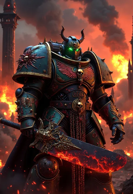 A Chaos Space Marine in full battle armor, standing amidst a war-torn battlefield. His armor is an intricate fusion of ancient, corrupted metal and twisted organic growths, glowing with chaotic energy. The armor plates are etched with unholy runes, and dark, crimson blood oozes from the cracks, pulsating with an eerie light. Wickedly sharp spikes and jagged chains adorn his shoulders and gauntlets, while a massive, barbed power axe crackles with red lightning in his hand. In the background, colossal ruins burn under a blood-red sky, as black smoke rises, illuminated by sporadic explosions. Faint echoes of demonic whispers fill the air. The scene is lit with harsh, dynamic lighting that casts deep shadows and highlights the metallic sheen and organic textures of his armor. The glowing eyes of the Chaos Space Marine pierce through the darkness, emanating an unsettling, otherworldly green glow. The atmosphere is thick with fog and drifting ash, creating an intense, apocalyptic mood. Photorealistic, 8K resolution, hyper-detailed, cinematic composition.