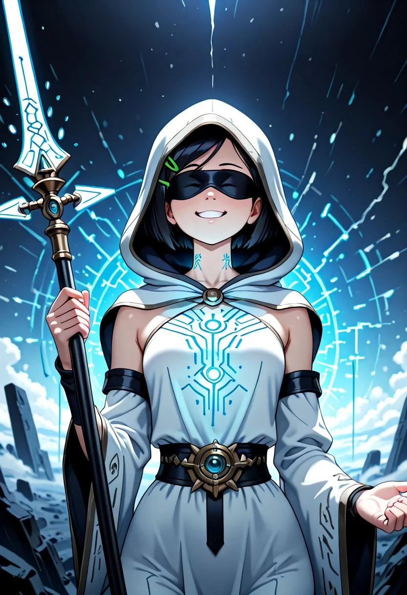 1gril, solo, Marcy, black hair, short hair, hairclip, dynamic angle, cowboy shot, action pose, glowing (circuit tattoo:1.2), robe, detached sleeves, hood up, noble, simulator, blindfold, covered eyes, shaded face, smug,  holding polearm, sanctuary, runes, (electricity:0.5), over technology, geometry, white theme, polarized, chromatic aberration, disintegration effect, (abstract expressionism:0.6), fantasy, science fiction, future, ancient, masterpiece, best quality, amazing quality, very aesthetic, absurdres, newest, <lora:circuit_tattoo:1>