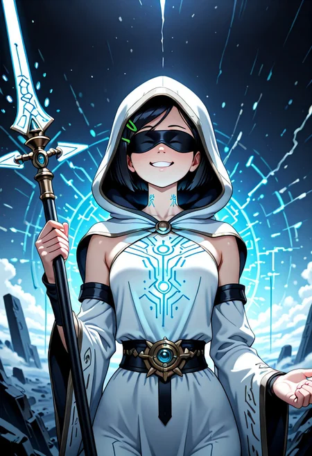1gril, solo, Marcy, black hair, short hair, hairclip, dynamic angle, cowboy shot, action pose, glowing (circuit tattoo:1.2), robe, detached sleeves, hood up, noble, simulator, blindfold, covered eyes, shaded face, smug, holding polearm, sanctuary, runes, (electricity:0.5), over technology, geometry, white theme, polarized, chromatic aberration, disintegration effect, (abstract expressionism:0.6), fantasy, science fiction, future, ancient, masterpiece, best quality, amazing quality, very aesthetic, absurdres, newest, <lora:circuit_tattoo:1>