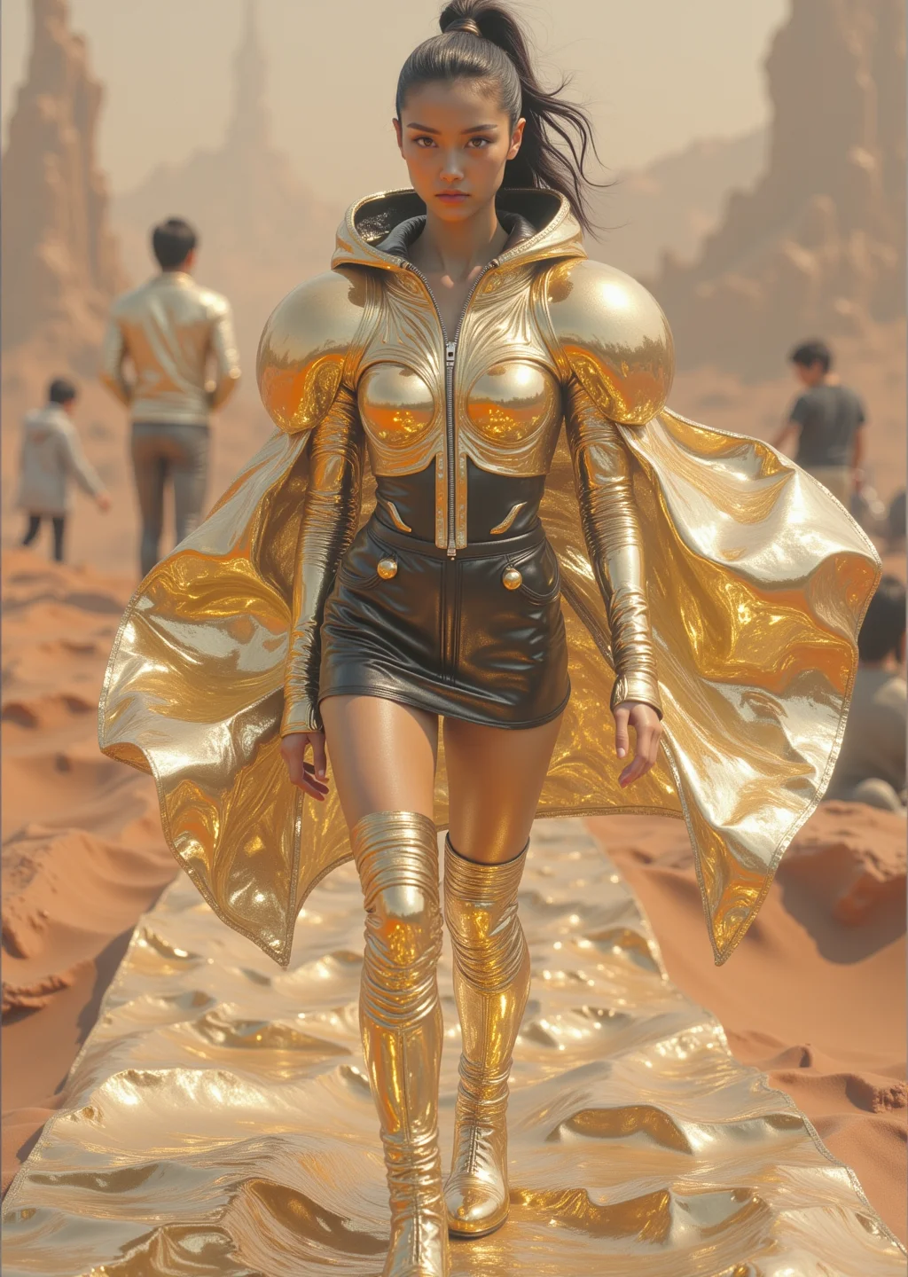 In a breathtaking fusion of avant-garde fashion and extraterrestrial grandeur, a statuesque Asian model commands the runway, clad in an audacious oversized inflatable orange exoskeleton jacket with razor-sharp, architectural shoulders. The jacket’s high-gloss metallic gold fabric shimmers under otherworldly lighting, its surface intricately embossed with precise mechanical patterns, interwoven deep golden chains, and asymmetrical zippers that evoke cybernetic armor.
Her meticulously crafted avant-garde makeup features streamlined, gilded eye designs, elongating her gaze with a futuristic intensity. A sleek high ponytail whips dynamically in the simulated Martian winds, accentuating her slender silhouette and the jacket’s exaggerated 3D framework, which extends like the exoskeleton of a neo-futuristic warrior.
Beneath the jacket, she wears a black high-gloss armored dress, its structured layers adding depth and movement. On her feet, transparent acrylic platform boots with thick, LED-lit soles pulse with a rhythmic red glow, mimicking the heartbeat of advanced technology. The boots’ uppers are adorned with earthen-yellow mechanical motifs, seamlessly blending traditional craftsmanship with sci-fi innovation.
The backdrop is a vast Martian desert, its rust-colored dunes stretching into infinity under a calm, dust-hazed sky. The open-air runway, flanked by an audience of holographic spectators, enhances the scene’s surreal grandeur. The model’s stern, enigmatic expression contrasts with the vibrant spectacle, lending an air of mysterious authority.