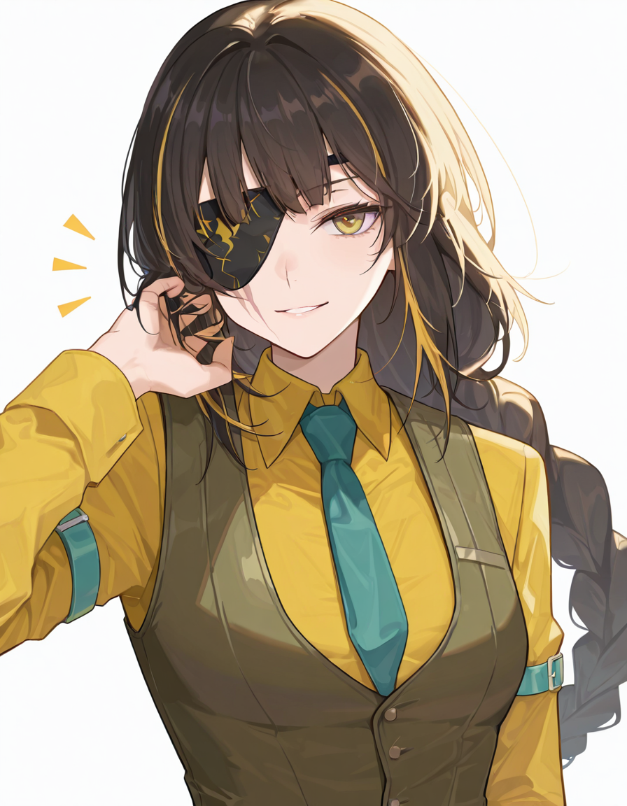 Volumetric Lighting, (masterpiece), (best quality), (ultra-detailed), masterpiece, source_anime, score_9, score_8_up, score_7_up BREAK, illustration, disheveled hair, detailed eyes, perfect composition, moist skin, intricate details, detailed eyes, detailed face, detailed fingers BREAK, yellow eyes, black hair,streaked hair, blonde hair, very long braid, single braid, scar across eye BREAK, FairyKingdomBrew, FKB_arm_belt,FKB_necktie, FKB_shirt, FKB_vest, def_eyepatch BREAK, (((white background))), looking at viewer,smile,1girl,solo, face focused