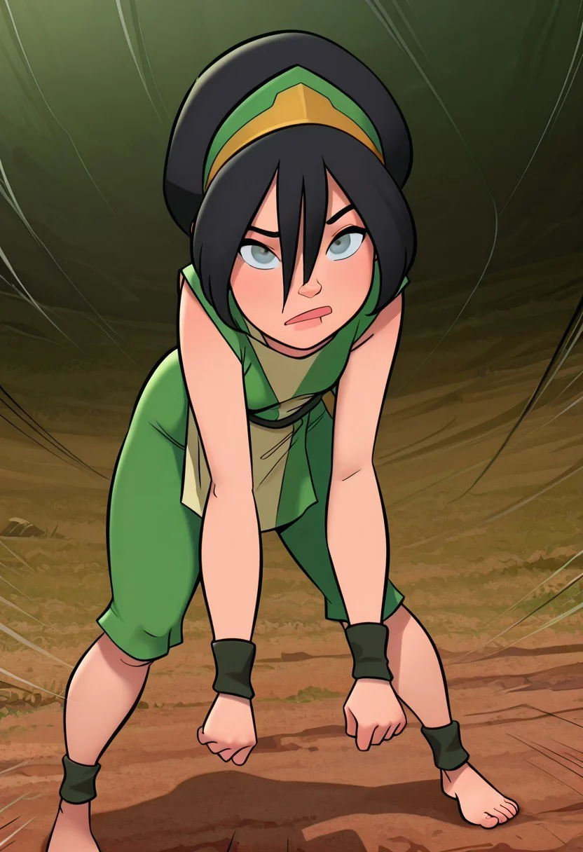 illutoph, black hair, hair between eyes, blind, grey eyes, hairband, wristband, tunic, capri pants, barefoot, ankleband, (extremely detailed CG), (best quality) (JABAy17) JmoxComic, (masterpiece, best quality, absurdres, detailed,perfect quality, amazing quality, newest, ultra-detailed:1.2), extremely detailed, distortion-free, illustration, (Black lines, thick strokes, detailed strokes,smooth lines,), looking at viewer, detailed clothing, shinny HAIR, detailed skin, detailed eyes, horny, curvy_hips, shinny skin, anime coloring, anime screencap, 1girl, solo, leaning forward with her body slightly angled, suggesting a powerful, aggressive stance ready to strike. Both fists are clenched, suggesting imminent attack. Her legs are positioned in a slightly low, yet balanced stance, providing a strong base for her upper body movement.